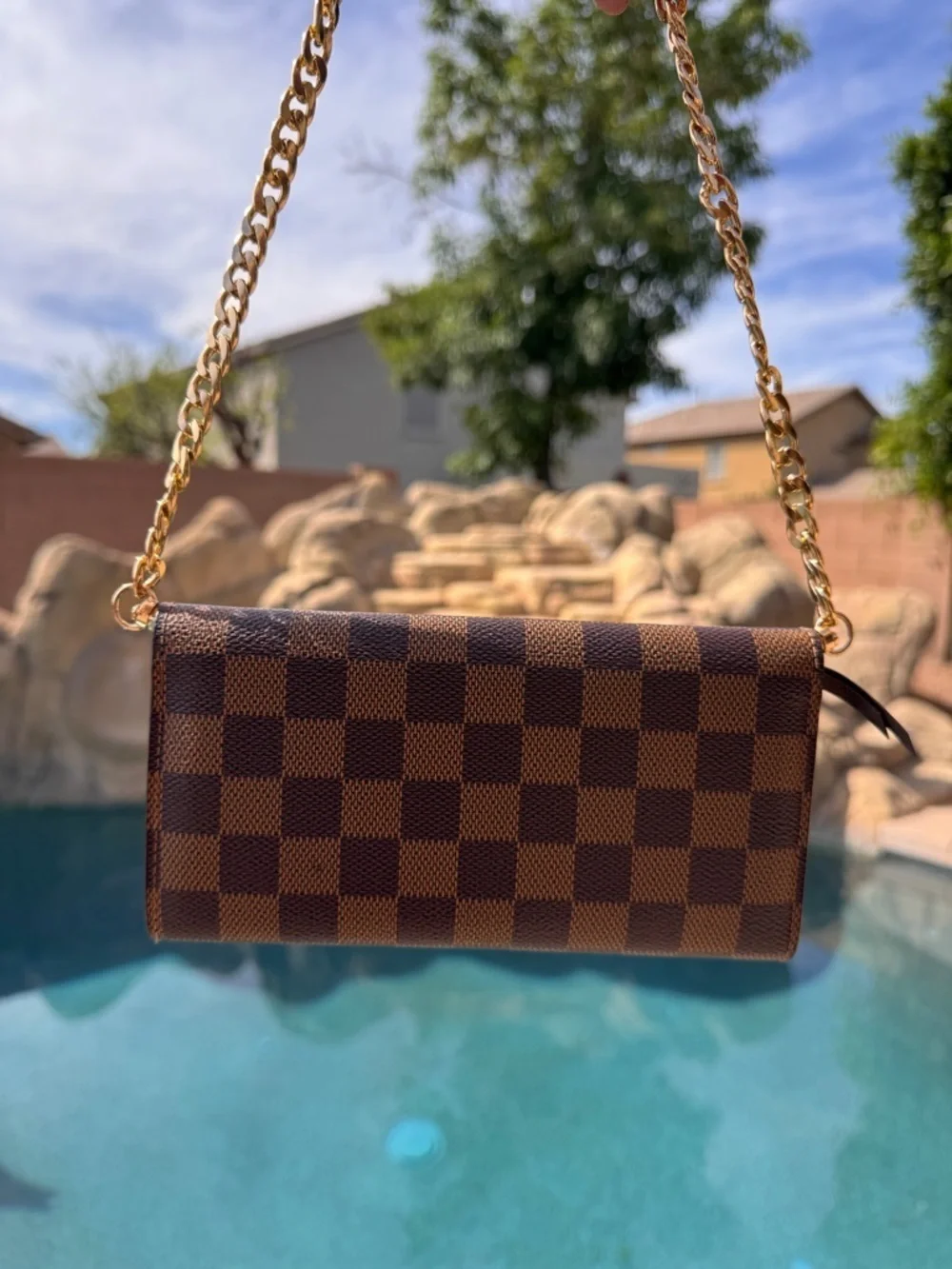 Authentic Louis Vuitton Brown Checkered Crossbody with Gold Chain